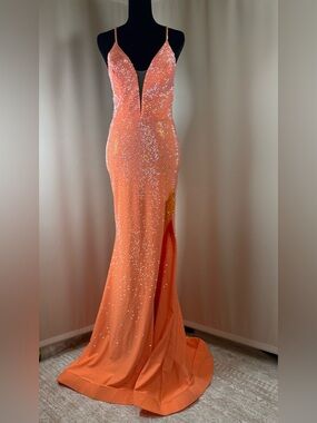 ✨ VIENNA PROM Neon Orange Sequin Rhinestone High Slit Gown - Size 0